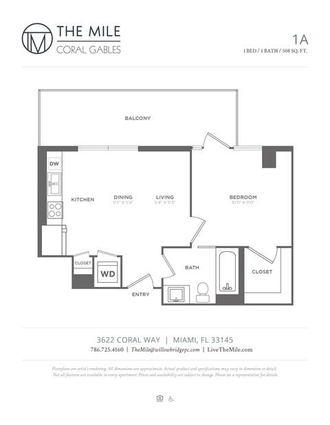 Floor plan for 1 bed, 1 bath, 508 sqft